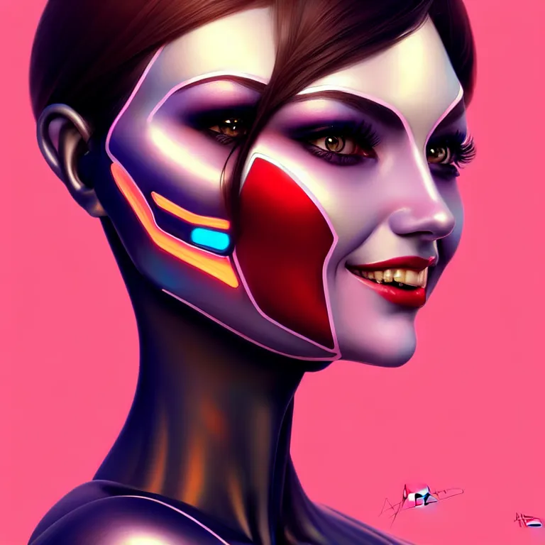 Image similar to android robot woman face painting, looking straight to camera, moderate colors, ornate, digital art, cute smile, winning artwork, digital painting, professional art, elegant, by Ilya Kuvshinov, by artgerm