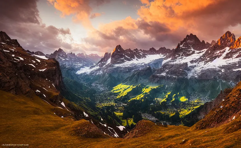 Image similar to a dramatic swiss alps landscape photo by ryan dyar, highly detailed, 8 k