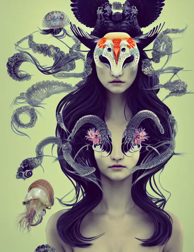 Image similar to 3 d goddess half - turn portrait with long hair with ram skull. beautiful intricately detailed japanese crow kitsune mask and clasical japanese kimono. betta fish, jellyfish phoenix, bio luminescent, plasma, ice, water, wind, creature, artwork by tooth wu and wlop and beeple and greg rutkowski