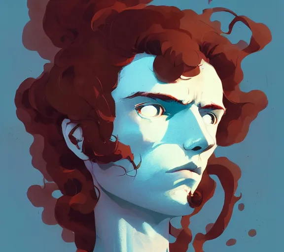 Prompt: portrait man with long red curly hair, by atey ghailan, by greg rutkowski, by greg tocchini, by james gilleard, by joe fenton, by kaethe butcher, by ashley wood, dynamic lighting, gradient light blue, brown, blonde cream and white color scheme, grunge aesthetic