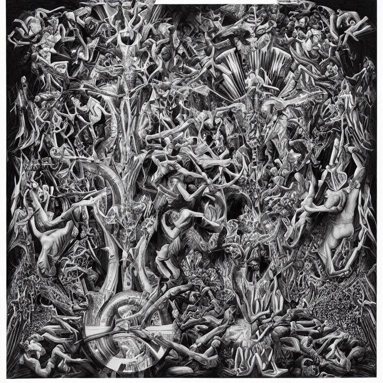 Image similar to meaning of death by Alex Grey and M. C. Escher collaboration