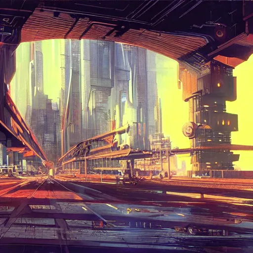 Image similar to busy cyberpunk futuristic cityscape located under a bridgeway, world seen only through a portal, daylight, cinematic perspective, cinematic lighting, blue sky, syd mead, john harris, symmetrical