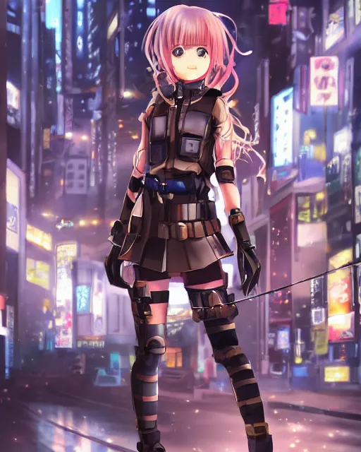 Image similar to full body portrait of anime girl in mechanic armor in night tokyo by makoto sinkai, perfect face, fine details