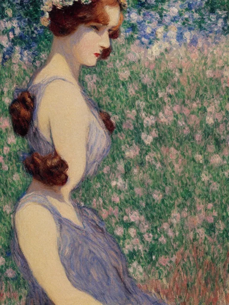 Image similar to portrait of < zelda fitzgerald > as a beautiful young lady wearing 1 9 2 0 s fashion, blurry face, brown hair, slim, fair, severe out of focus, depth of field, pleinairism, in the sun, backlit, closeup, oil on canvas, atr by monet, in the style of le promenade, smooth, impressionnisme, 8 k