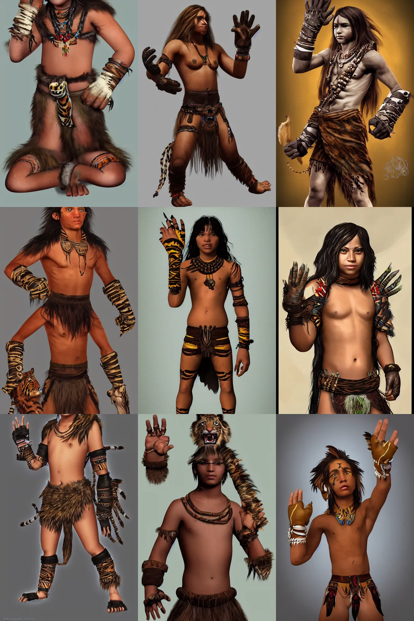 Prompt: digital art of tribal boy with long hair, loincloth, taxidermy tiger paws with claws as gauntlet gloves, artstation