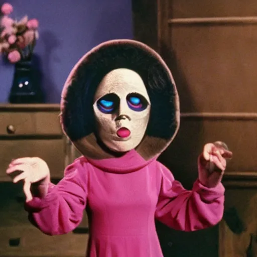 Image similar to middle-age woman enters an eyeball cult, 1977 live-action children's tv show, color