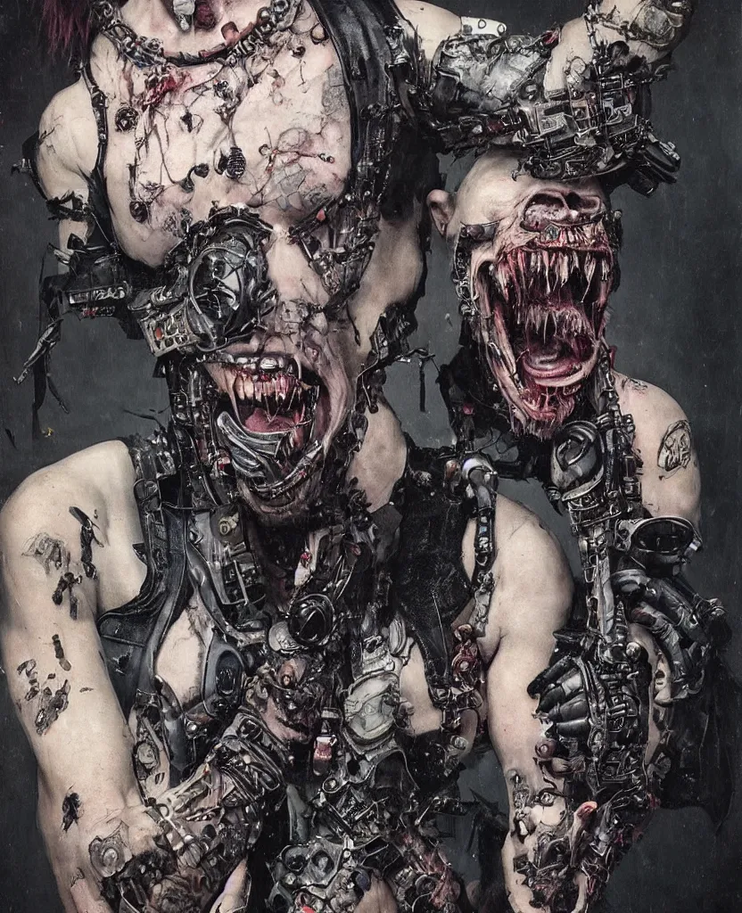 Image similar to a cyberpunk man in a punk battlevest opening his shirt to reveal a gaping maw embedded in his chest, artstation contest winner, dark art, gerald brom, michael hussar, gothic, body horror, cronenberg