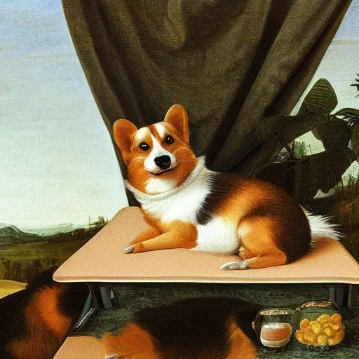 Prompt: corgi sitting behind laptop at sunset drinking cocktail on bed among the greenery, renaissance oil painting