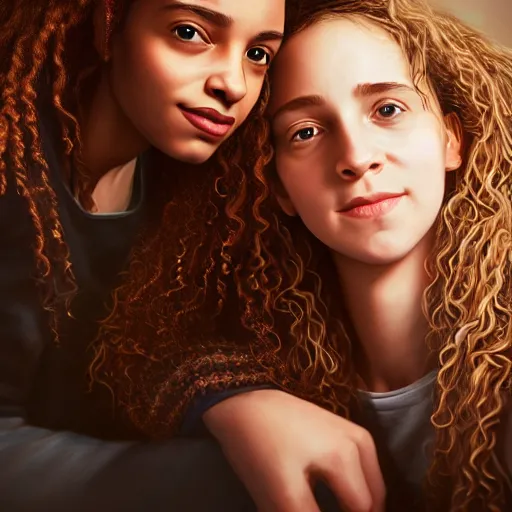 Image similar to intricate beautiful hyperreal portrait of a hermione granger and hermione granger, smiling softly, casual clothes, relaxing on the couch, home interior, golden hour, close up shot, 8 k, art by irakli nadar, hyperrealism, hyperdetailed, ultra realistic