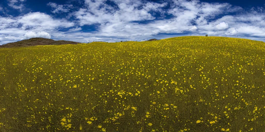Prompt: landscape photo of tansy field on foot of rock hills by Takeshi Mizukoshi, wide-angle lens