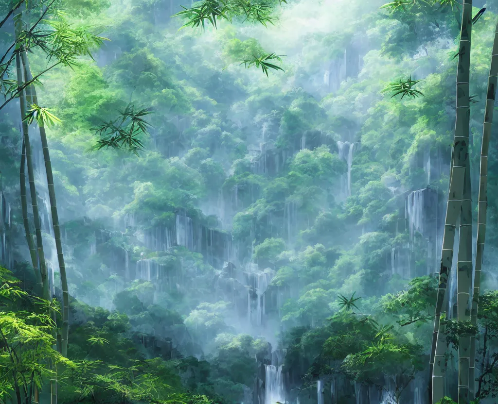 Image similar to misty japanese bamboo forest, cell shaded, huge waterfall, large rocky mountain, drawing, stylized anime, sun rays, soft, by hayao miyazaki, ghibli studio, makoto shinkai, toei animation, studio trigger, trending on artstation, 4 k, hd