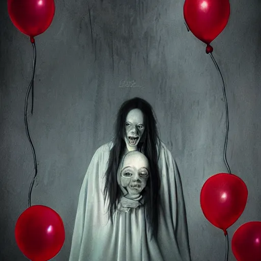 Image similar to matte painting of Billie eilish with a wide smile and a red balloon by Zdzisław Beksiński, loony toons style, pennywise style, corpse bride style, creepy lighting, horror theme, detailed, elegant, intricate, conceptual, volumetric light