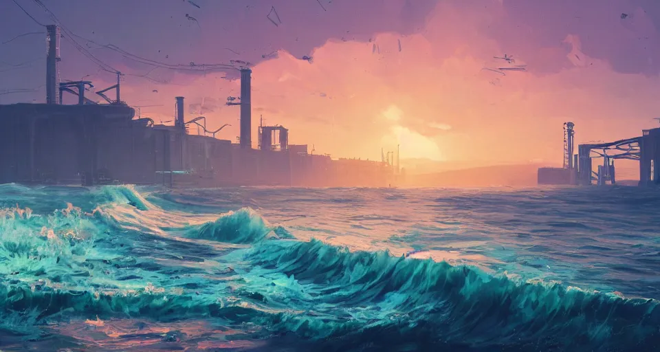 Prompt: A very beautiful serene coastal landscape scene with a GIANT INDUSTRIAL OIL RIGGING FACTORY looming in the distance, bright SUNSET waves splashing on the beach, rendered by simon stålenhag, rendered by Beeple, Makoto Shinkai, syd meade, environment concept, digital art, starwars, Gundam Style, unreal engine, 3 point perspective, WLOP, trending on artstation, low level, 4K UHD image, octane render,