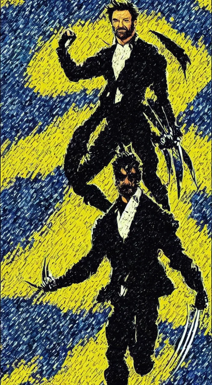 Prompt: hugh jackman in the movie wolverine, in the style of vincent van gogh starry night,