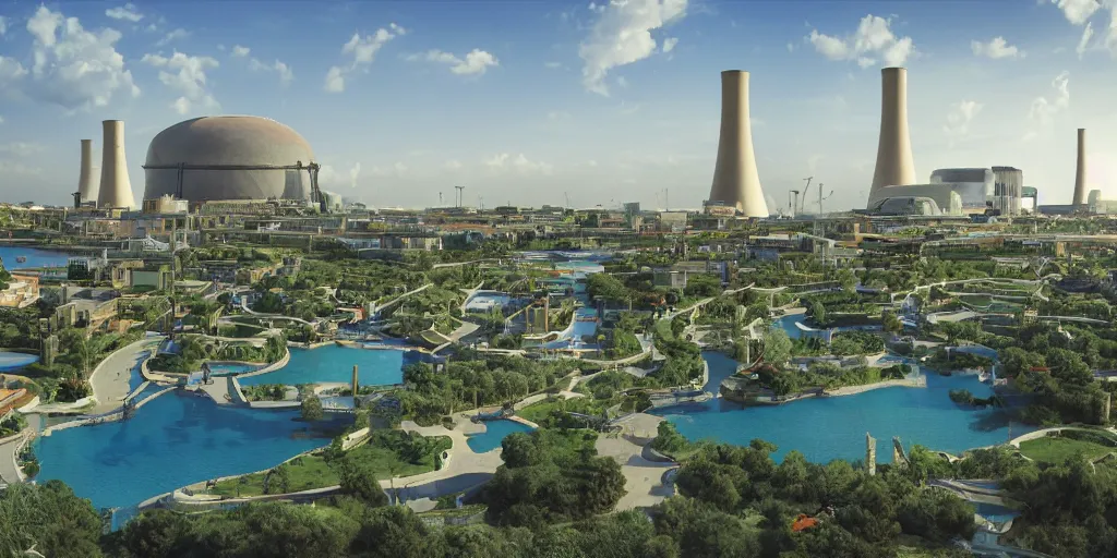 Prompt: verdant Mediterranean garden city based on the design of carlo scarpa in a megacity made of travertine temples, a crowd wearing blue robes in the foreground, nuclear power station in the distance, massive aztec starship in the sky, sci-fi, light blue sky with clouds, optimistic matte painting, style by syd mead, 8k, octane render, photorealistic, hyperrealism