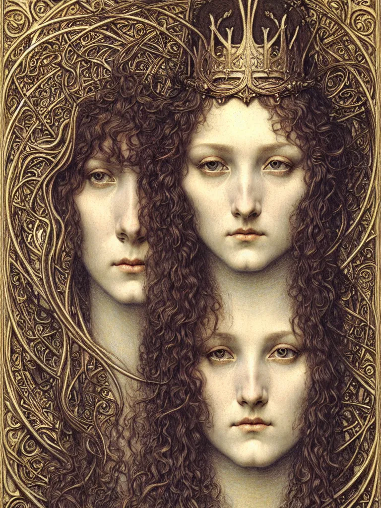 Image similar to detailed realistic beautiful young medieval queen face portrait by jean delville, gustave dore and marco mazzoni, art nouveau, symbolist, visionary, gothic, pre - raphaelite. horizontal symmetry