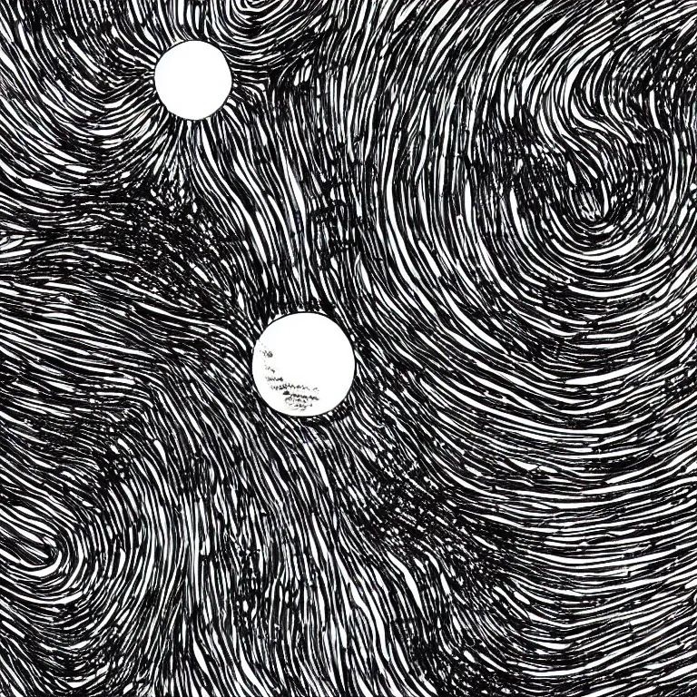 Image similar to a distant planet orbiting the sun, black and white, botanical illustration, black ink on white paper, bold lines