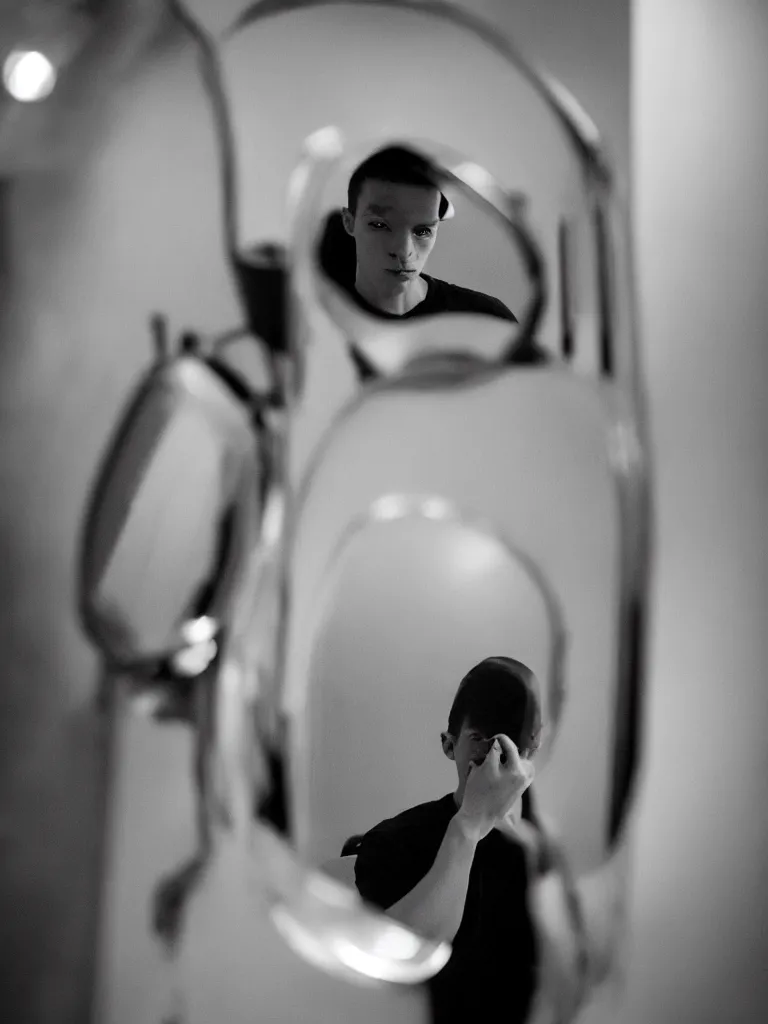 Image similar to androgynous male, staring into infinite mirror, photographic noir, wide lens