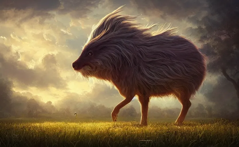 Image similar to A whimsical creature in a field, beautiful, warm dynamic lighting, atmospheric, cinematic, highly detailed digital art, painted by Scott Musgrove