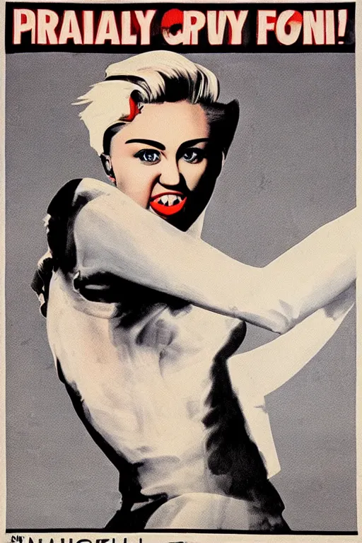 Image similar to propaganda poster, miley cyrus, action pose