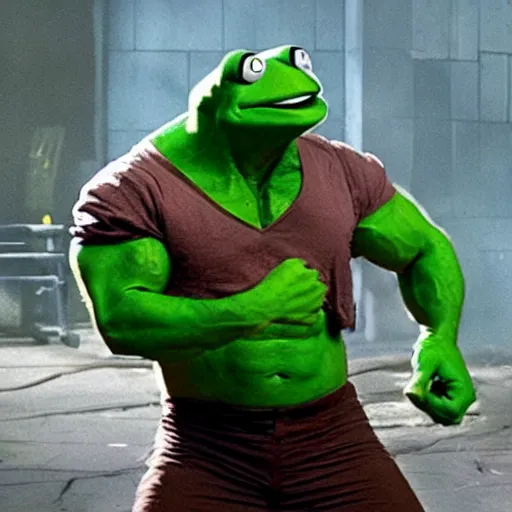 Image similar to photo of Kermit the frog as hulk in averngers movie