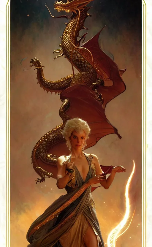 Image similar to magic gold dragon gorgeous lighting by weta studio, mucha, bautista and norman rockwell and greg rutkowski and tom bagshaw and james gurney and lucasfilm