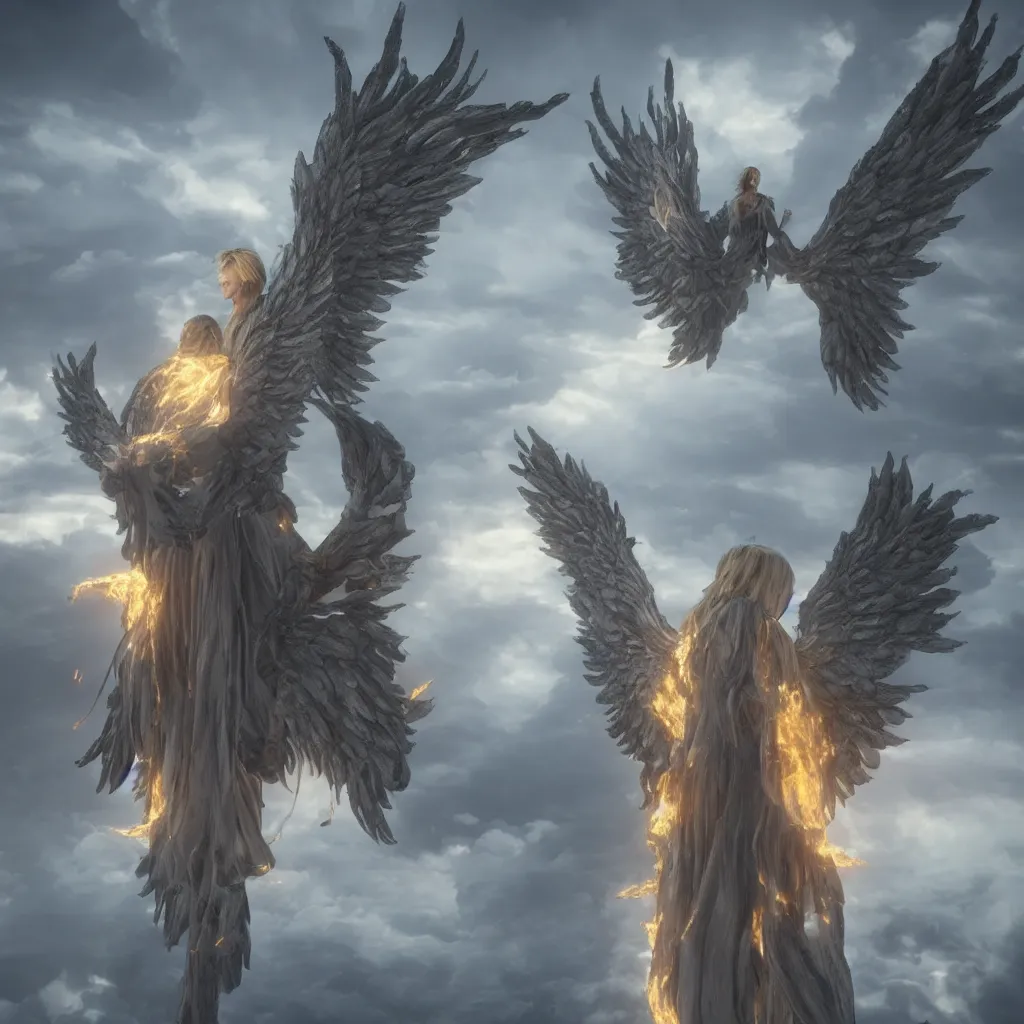 Image similar to a giant angel with many wings and eyes, fiery clouds, thunder, unreal engine, very detailed