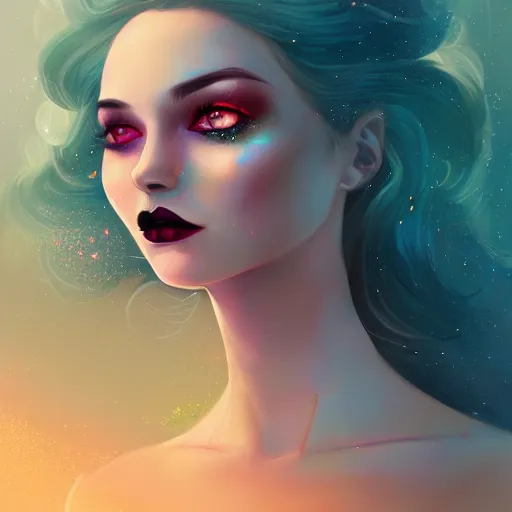 Image similar to portrait of a woman inspired by lois van baarle, charlie bowater, anna dittmann, illustration, iridescent, iridescent hair, face, hair styles, goth makeup, glitter, self confidence, cinematic 8 k