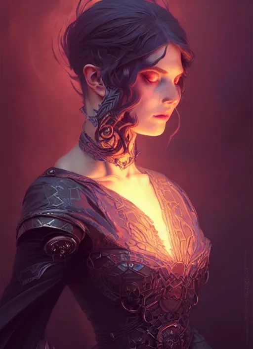 Image similar to Necromancer Sorceress, fantasy magic, undercut hairstyle, dark light night, intricate, elegant, sharp focus, illustration, highly detailed, digital painting, concept art, matte, art by WLOP and Artgerm and Greg Rutkowski and Alphonse Mucha, masterpiece