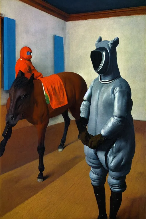 Image similar to man in horse costume, horse in costume astronaut, hauntingly surreal, highly detailed painting by francis bacon, edward hopper, adrian ghenie, gerhard richter, and james jean soft light 4 k,