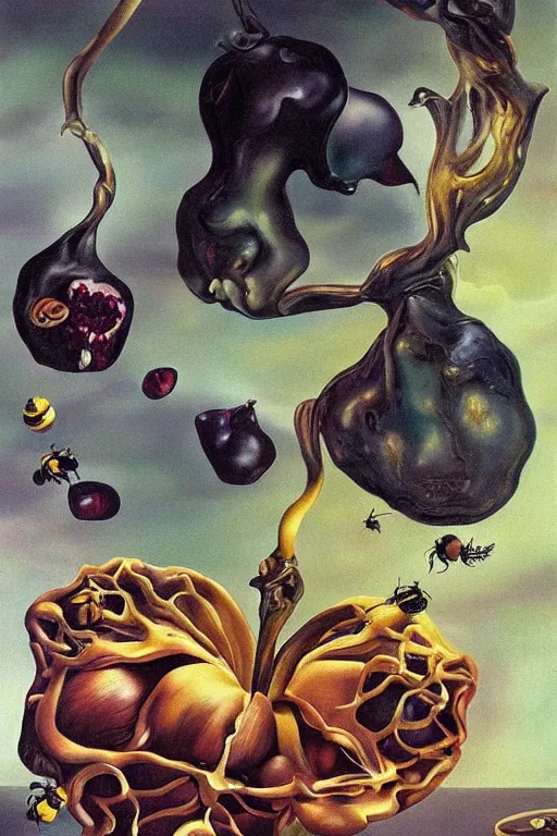 Image similar to a dream within a dream within a dream caused by the flight of a bee around a pomegranate a second before waking by salvador dali, hyperrealistic oil painting, trending on artstation, hyperdetailed, masterpiece