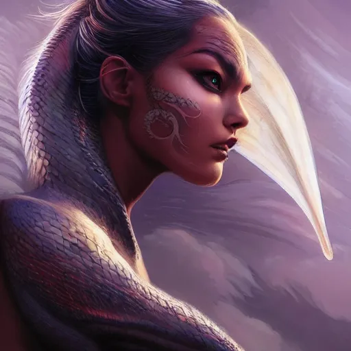 Image similar to photo of a beautiful female dragon, anthropomorphic, sharp focus, illustration, ultra real, masterpiece, glowing holy aura by magali villeneuve and stanley artgerm lau, wlop,