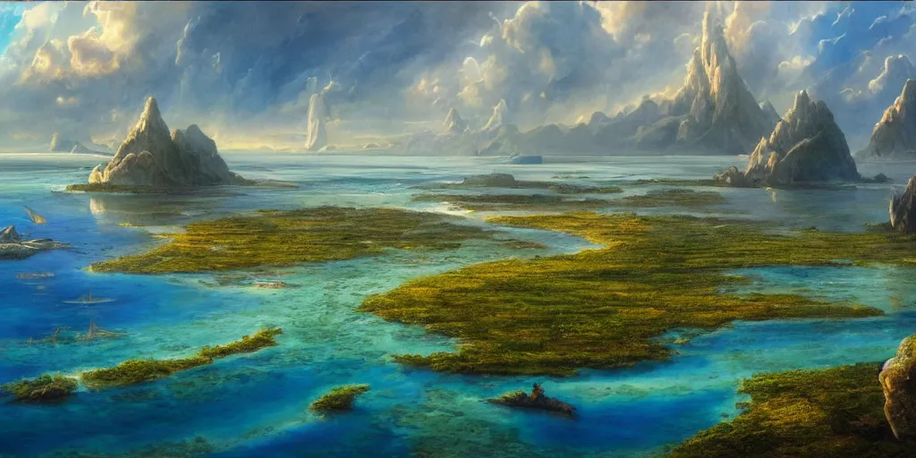 Prompt: a beautiful painting of a A paradisiacal landscape of a sea lagoon surrounded by islands and city built on water, rays of light illuminating the water by John Howe, Trending on Artstation, Landscape vista