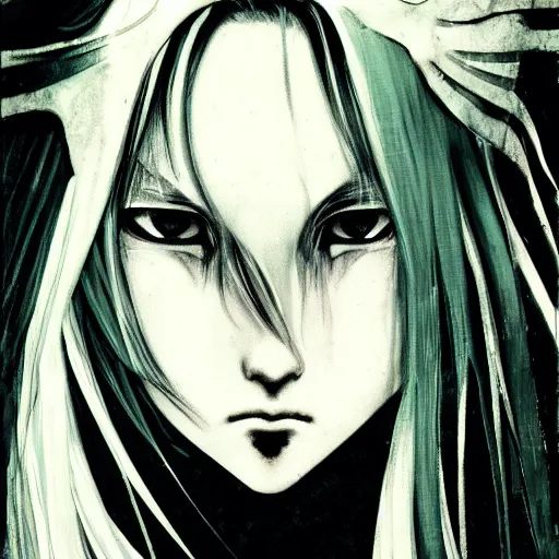 Image similar to yoshitaka amano blurred and dreamy illustration of an anime girl with black eyes, wavy white hair and cracks on her face wearing elden ring armour with the cape fluttering in the wind, abstract black and white patterns on the background, noisy film grain effect, highly detailed, renaissance oil painting, weird portrait angle