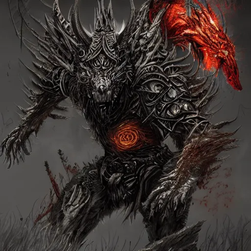 Image similar to a druid turning into a machine wolf, chaos, night, rot, blood, epic art, dark souls, highly detailed and intricate, trending on artstation