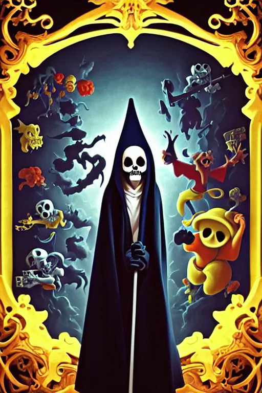 Image similar to video game cover, disney cute grim reaper dressed with a cape surrounded by demons, intricate baroque style. by martin johnson head, by david caspar friedrich, by mike mignola, by goro fujita, by octavio ocampo, masterpiece. intricate artwork, symmetrical artwork, cinematic, pixar studio, smooth gradients, full body character.