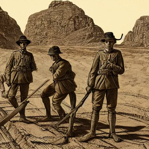 Image similar to ultra detailed photorealistic sepia - toned line drawing from 1 9 1 7, three british soldiers standing at an archaeological dig site in wadi rum, ultra realistic, painted, intricate details, lovecraft, atmospheric, dark, horror, brooding, highly detailed, by clyde caldwell