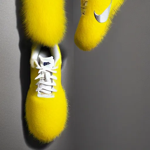 Image similar to poster nike shoe made of very fluffy yellow faux fur placed on reflective surface, professional advertising, overhead lighting, heavy detail, realistic by nate vanhook, mark miner