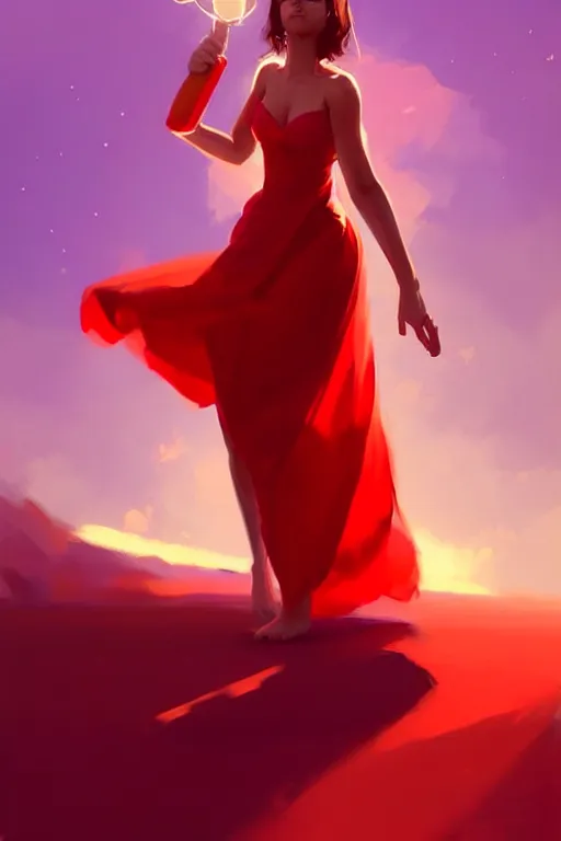 Image similar to dreamy girl character with perfect body in a nice red dress with stunnin makeup, magic vibe, perfect lighting. professional design. great composition, illustration, highly detailed, digital painting, concept art, trending on artstation, by greg rutkowski, by rhads