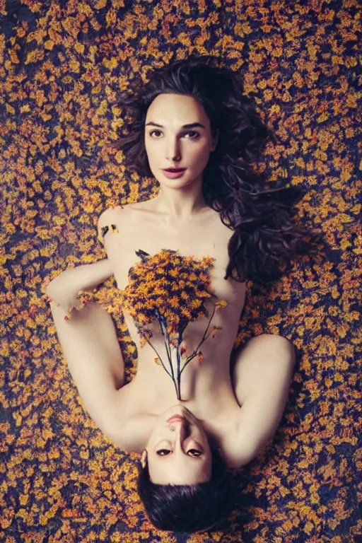 Image similar to full body fine art photo of the beauty gal gadot, she is lying down and covered by dried flowers, taken by oleg oprisco