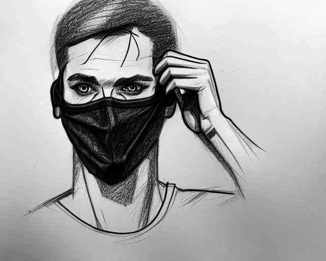 Image similar to draft drawing of a european man covering face with mask, draft sketch, thin stroke, trending on artstation, context art, pencil sketch, high detail