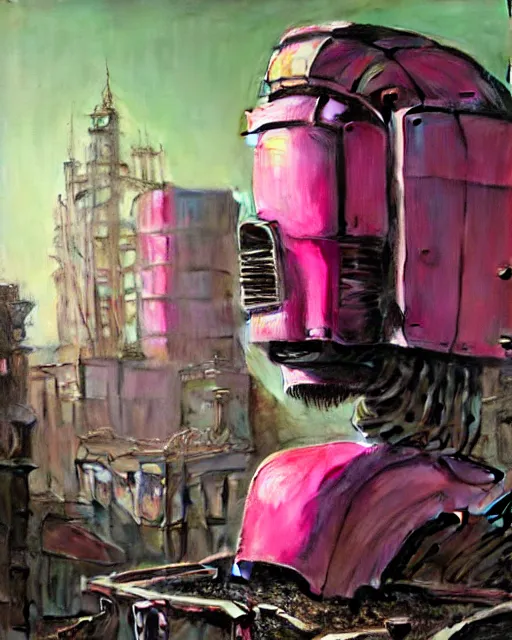 Prompt: hyperrealistic hyperdetailed rococo mecha iridescent pink coming out of dystopian city ruins concept art santiago caruso de chirico sharp very dramatic green light 8k low angle shallow depth of field