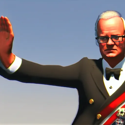 Image similar to Carl XVI Gustaf, declaring war against the United States of America, GTA5 style