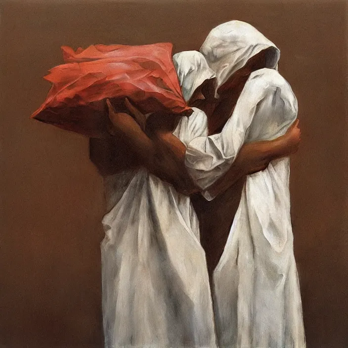 Image similar to two women hugging with a paper bag over the head dressed in plastic bags, highly detailed, artstation, art by, , edward hopper, Zdzislaw Beksinski, highly detailed