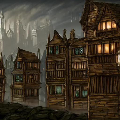 Image similar to medeival fantasy town, slight ruination, night, tall wooden palisade!! connecting buildings, artstation