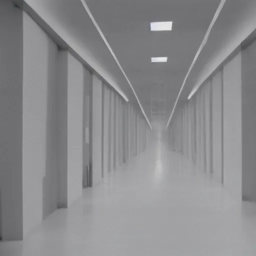 Image similar to a paragraph written on the side wall of a large cubic white room with no objects, misterious, 3 d perspective, still from movie by stanley kubrick