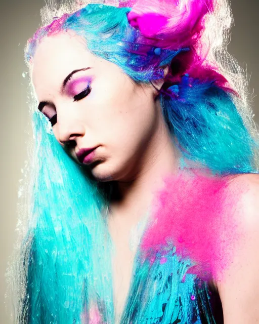 Image similar to a dramatic lighting photo of a beautiful young woman with cotton candy hair. paint splashes. with a little bit of cyan and pink