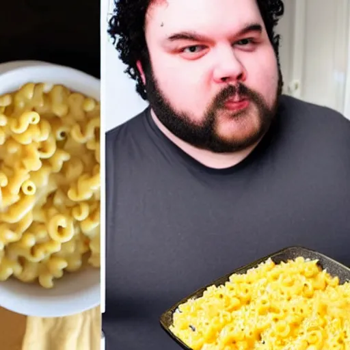 Image similar to overweight 2 0 year old with messy black hair and big beard cooks mac and cheese late at night