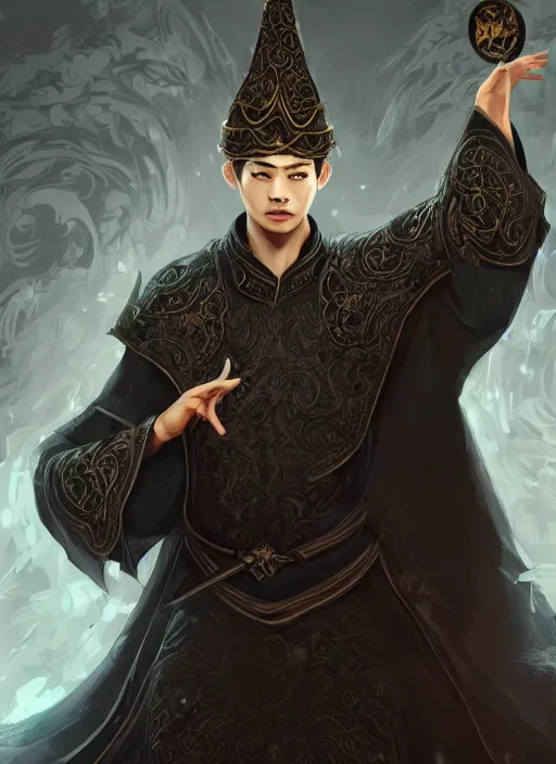 Prompt: a highly detailed illustration of short haired asian man as wizard wearing ornate black robe and mage hat, dramatic magic floating pose, intricate, elegant, highly detailed, centered, digital painting, artstation, concept art, smooth, sharp focus, league of legends concept art, WLOP