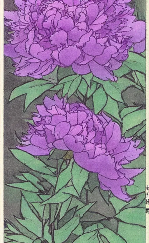 Image similar to by akio watanabe, manga art, light violet blue peony outside window, trading card front